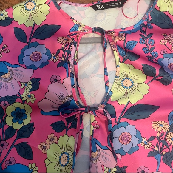Zara Wmns Cropped satin effect tie close floral pattern shirt Sz large - Picture 5 of 8